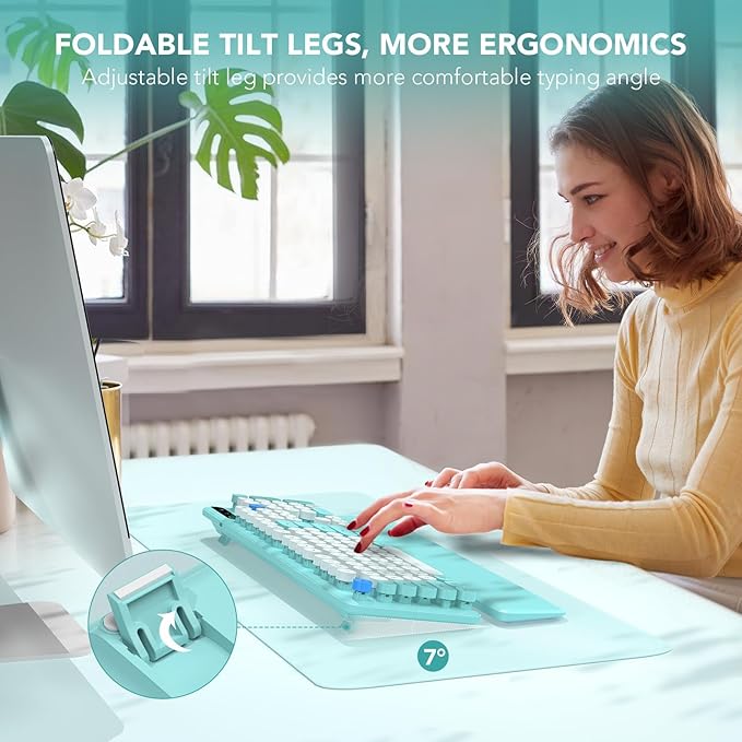 Wireless Keyboard Round Keycaps Retro Typewriter Keyboard with Detachable Wrist Rest Sleep Mode Foldable Legs 2.4GHz Full-Size Cordless Computer Keyboard for Windows/PC/Laptop (Tiffany Blue)