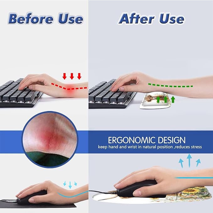 Bxgolkgd Ergonomic Gel Mouse Wrist Rest Pad and Keyboard Pad SetAnti-Slip PU Bottom Easy Typing and Relieve Wrist Pain with Cute Coaster Set (3-Flower Highland Cow)