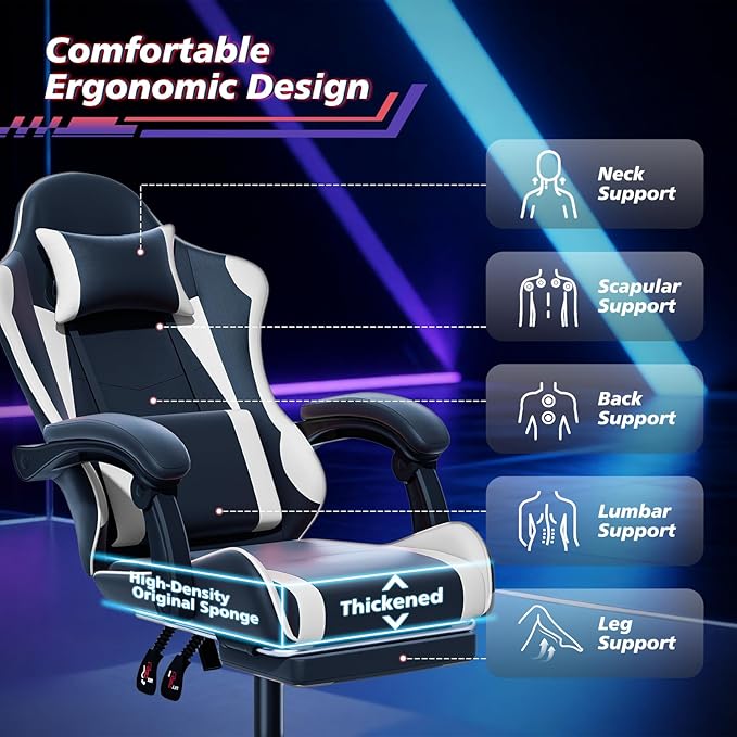 Magshion Gaming Chair for Adults Ergonomic Computer Chair with Linkage Armrests Height Adjustable Gamer Chair with Footrest and Headrest for Home Office 350 Lbs Capacity White
