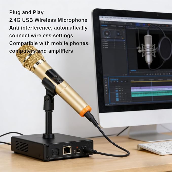 Yunseity 2.4G Wireless Microphone Professional Dynamic Mic with USB Receiver for Outdoor Karaoke Stage Performance Computer Phone Speaker