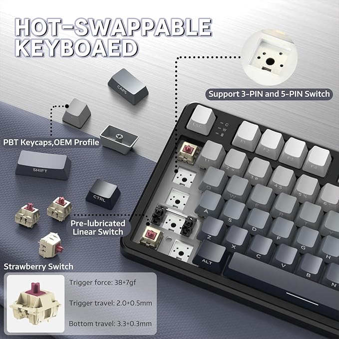ATTACK SHARK X87 Wireless Tri-Mode Mechanical Gaming Keyboard - Hot Swappable RGB Gasket Mount Pre-Lubed Linear Switches Side-Printed PBT Keycaps (TKL 87-Key Grey Black)