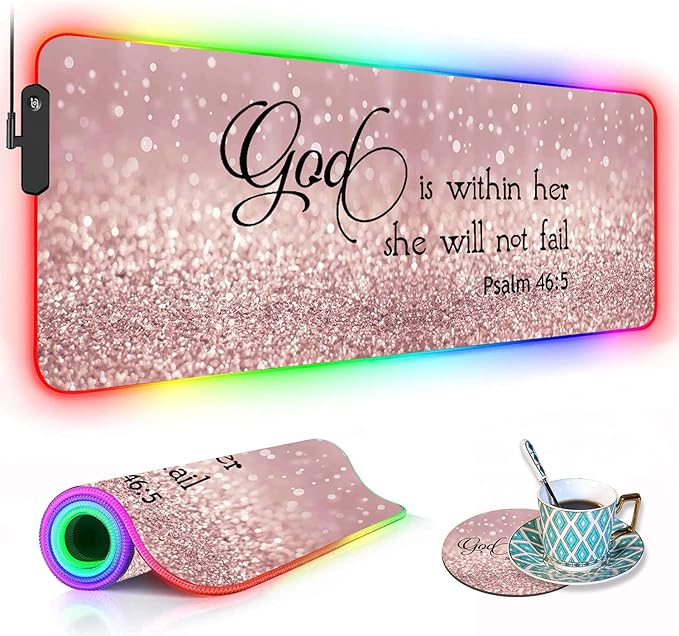 RGB Gaming Mouse Pad with Coffee Coaster XXL Large Glowing LED Mousepad Anti-Slip Rubber Base Computer Keyboard Desk Mouse Mat 31.5 X 11.8 Inch - Quote Bible Verse Psalm 46:5