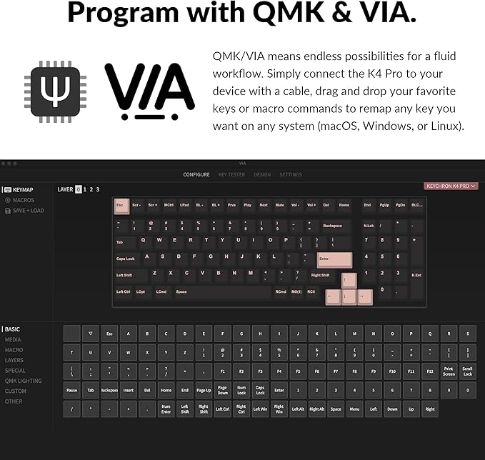 Keychron K4 Pro QMK/VIA Bluetooth Wireless Mechanical Keyboard 96% Layout Custom Programmable Gaming Keyboard with White Backlit Hot-Swappable K Pro Red Switch for Mac Windows Linux - White