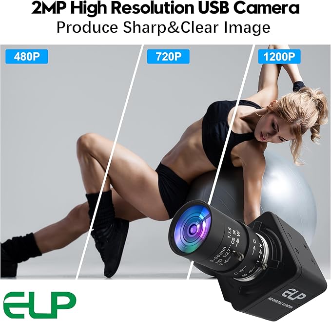 ELP Global Shutter USB Webcam - 1080P 90fps Manual Zoom Variable Focus AR0234 Close-up Camera for Laptop