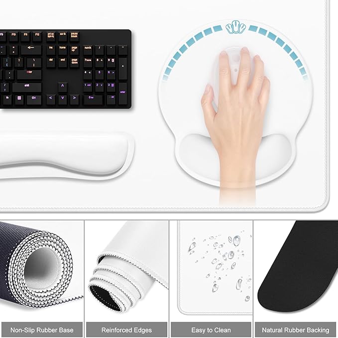 Dapesuom Large Gaming Mouse Pad White Mouse Pads with Wrist Rest Wrist Support 4in1 Big XXL Desk Mat Desk Pad + Ergonomic Mousepad + Memory Foam Keyboard Mat Wrist Rest + Coaster Set for Computer
