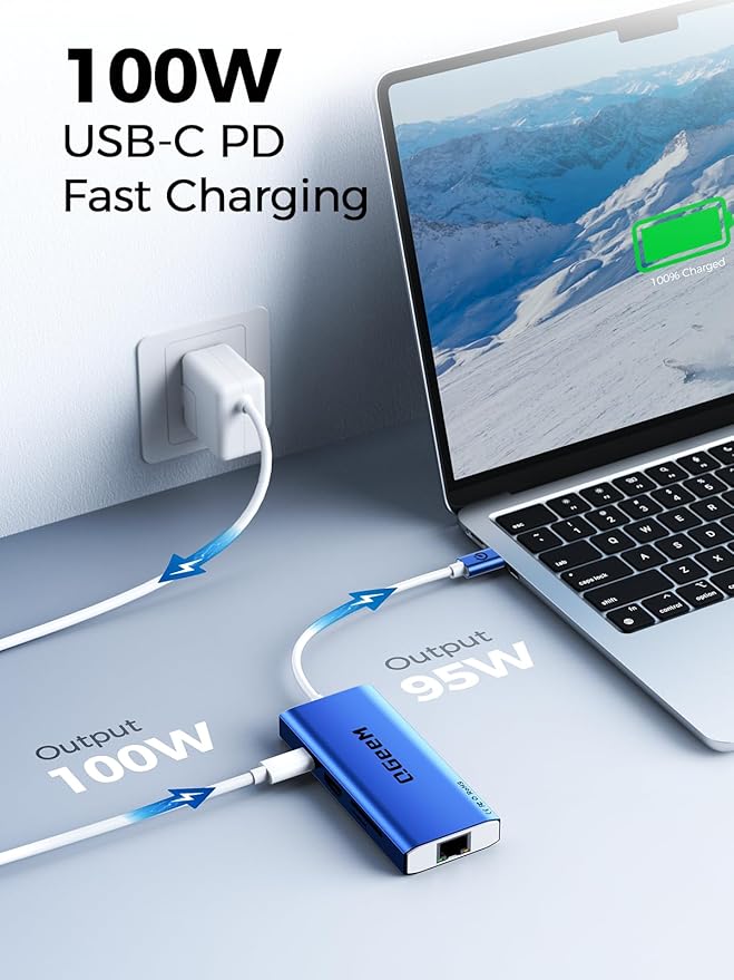 QGeeM USB C Hub Ethernet9 in 1 USB Type C Hub HDMI Multi-Port Converter Adapter100W Pd USB 3.0SD/TF Card ReaderCompatible for MacBook Pro Air Ipad HP Dell Lenovo Chromebook etc.-Blue