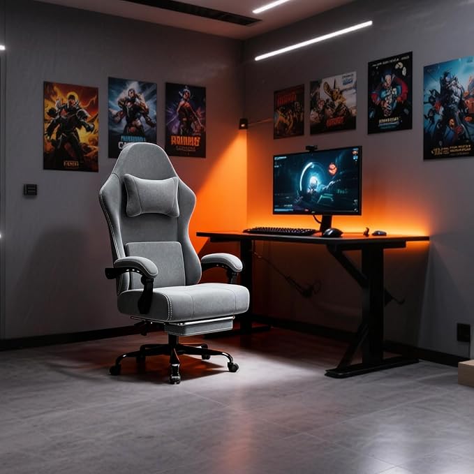 Ergonomic Gaming Chair Video Game Chair with Massage Lumbar Support and Footrest Height Adjustable Fabric Computer Chair with Pocket Spring Cushion