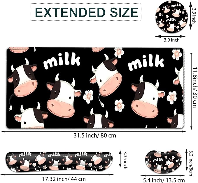 JVGFYNKL Large Gaming Mouse Pad Set Ergonomic Memory Foam Keyboard Wrist Rest Support + Mouse Wrist Rest + Extended Desk Mat with Non-Slip Rubber Base Cute Milk Cow Pattern Black Desk Pad