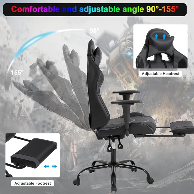 Gaming Chair Computer Chair Ergonomic Gaming Chair with Footrest Reclining High Back Video Game Chair with Lumbar Support Headrest Armrest Swivel Seat for Women Men (Grey)