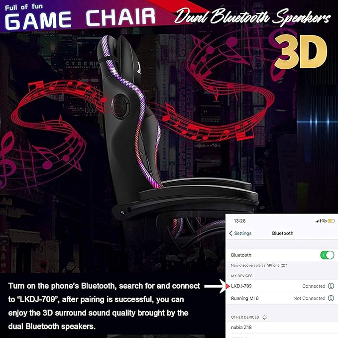 Video Game Chair with Speakers and RGB Lights Massage Ergonomic Computer Gaming Chair with Footrest and Lumbar Support 90°-135° Tilt Rocking Chair Gaming Chairs for AdultsWhite