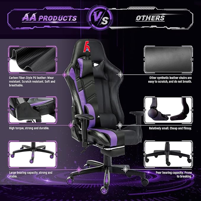 AA Products High Back Ergonomic Gaming Chair with Footrest Lumbar Support Swivel Adjustable for Gamers - Black/Purple