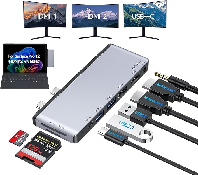 Surface Pro 12 Docking Station - 8-in-1 Triple Display USB Hub with Dual 4K HDMI Thunderbolt 4 (4K@60Hz 40Gbps 100W PD) 2 USB 3.0 SD/TF Audio for Surface Pro 12 Accessories