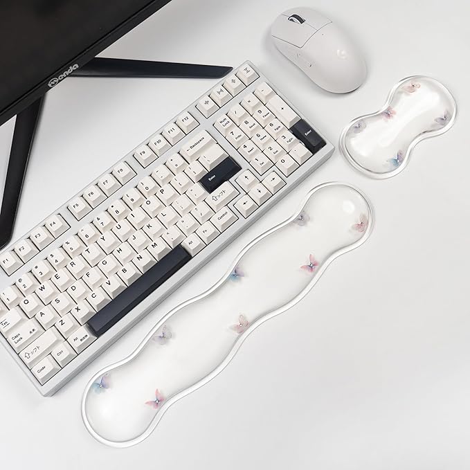 Gel Keyboard and Mouse Wrist Rest Set – Clear Wrist Rest for Computer Keyboard 60%/68%/75% Comfort &amp Support for Typing and Gaming (Cute Butterfly)