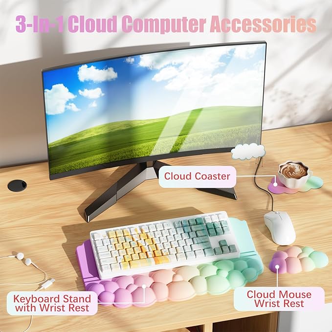 Ergonomic Wrist Rest for Keyboard Soft Memory Foam Cloud Keyboard Stand Pad with Wrist Rest Set with Non-Slip Silicone Base Easy Typing Pain Relief Comfort for Computer Laptop Mac - Rainbow