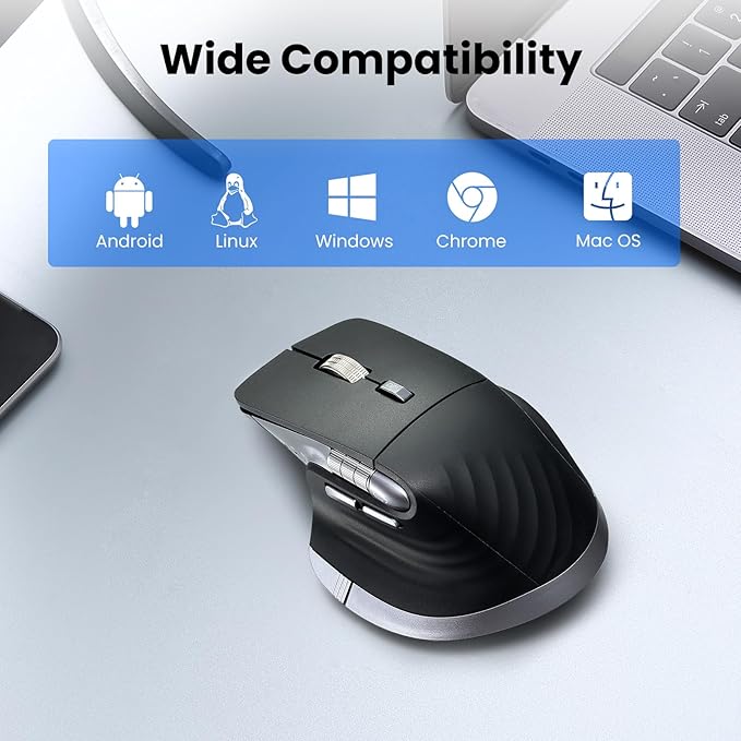 Wireless Bluetooth Mouse Ergonomic Rechargeable Silent Mouse with Multi-Device Adjustable DPI Flying Scroll &amp Thumb Wheel Bluetooth Mice for Laptop Computer Tablet Smartphone (Black)