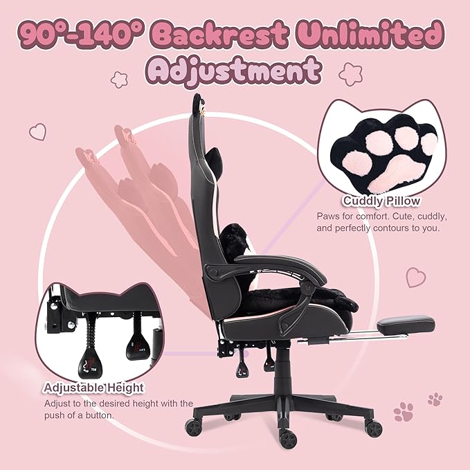 Dowinx Gaming Chair Cute with Cat Ears and Paw Lumbar Ergonomic Computer Chair for Girl with Footrest and Headrest Comfortable Reclining Game Chair 292lbs for Adult Teen Black