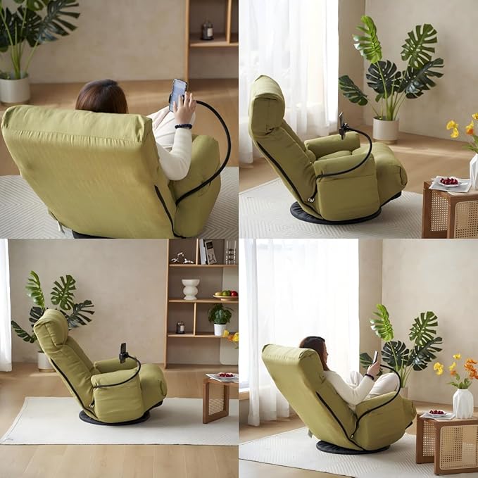 Gaming Lounge Chair Floor 360° Swivel Gaming Floor Chair Adjustable Phone Holder 5-Position w/Arms Foldable for Adults Living Room Dorm Rotatable Leisure Sofa Premium (Green)
