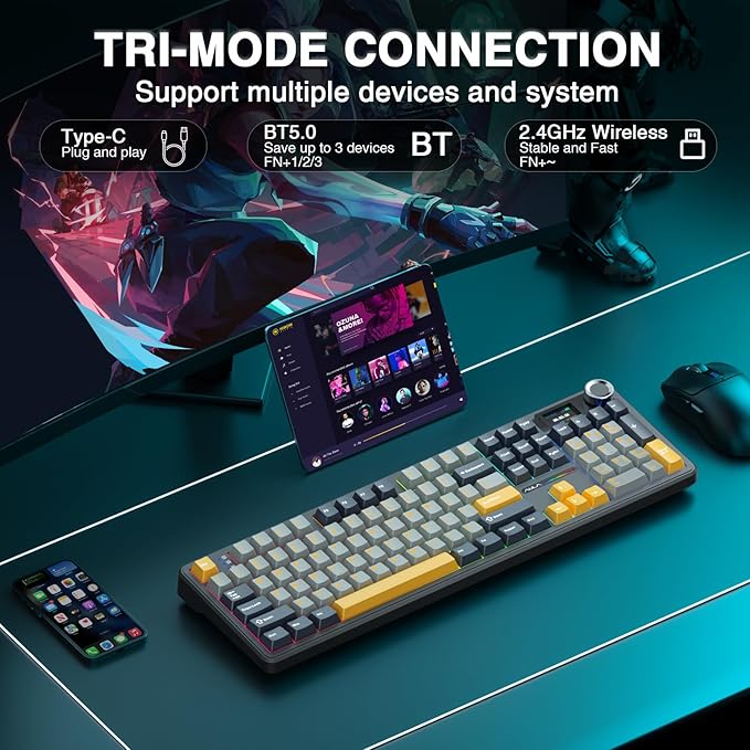 AULA F108 PRO - Wireless Mechanical Keyboard with Screen&ampKnobHot Swappable Gaming Keyboard with 8000mAh BatteryPre-lubed SwitchesRGB BacklitPBT Keycaps Creamy Sounding Computer Keyboards104 K