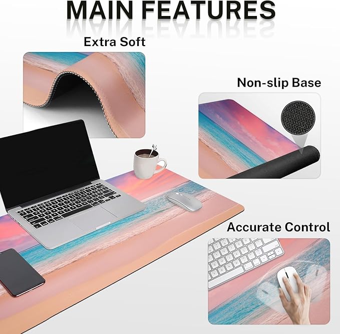 Arttown Pink Blue Sky Desk Mat Turquoise Ocean Mouse Pad Set 4 in 1 Dusk Beach Ergonomic Design Large Desk Pad + Keyboard Wrist Rest + Mouse Wrist Rest + Coaster Suitable for Home Office Study Game