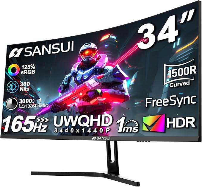 SANSUI 34-Inch Curved Gaming Monitor UWQHD 3440 x 1440 Up to 165Hz Curved 1500R - PIP/PBP 1ms(MPRT) HDR 300nits sRGB 125% DCI-P3 95%FreeSyncHDMIx2DP1.4(Cable Included)