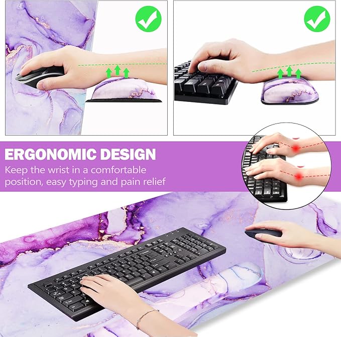 ARTSO Large Gaming Mouse Pad Keyboard Wrist Rest Pad &amp Wrist Support Mousepad Set Stitched Edge Extended Non-Slip Base Memory FoamMultifunctional Desk Mat for Office &amp Home Purple Blue
