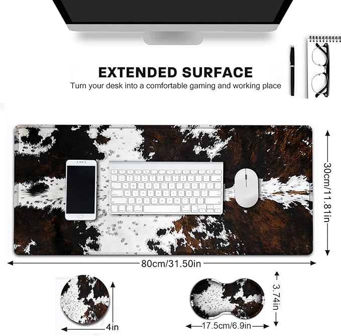 Large Gaming Mouse Pad 31.5x11.8 in Extended Computer Mouse Mat with Non-Slip PU Base Ergonomic Memory Foam Keyboard Wrist Rest for Work &amp Gaming Black and White Cow Fur Office Desk Pad
