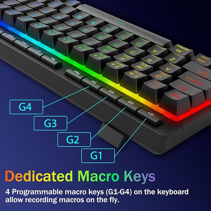 Redragon Portable Wireless Gaming Keyboard Bluetooth/2.4GHz/USB-C Wired RGB Backlit 60% Mini Quiet Macro Membrane Keyboard Rechargeable 4000mAh Battery Anti-Ghosting for Win/MAC