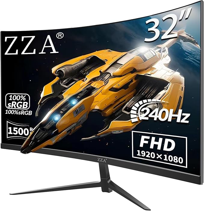 ZZA 32 Curved Gaming Monitor FHD 1920x1080 VA 1ms 240Hz FreeSync Premium DP 1.4/ HDMI 2.0 VESA Compatible Tilt Adjustable