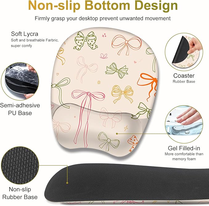 Apricot Mouse Pad with Wrist Support 4 in1 Set XXL Big Game Mousepad + Keyboard Wrist Rest + Mouse Wrist Rest Pad +Coaster Gaming Mat for Home Office Work Computer I Colorful Cute Girl's Bow