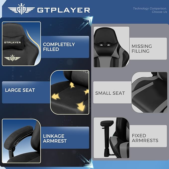 GTPLAYER Big and Tall Gaming Chair Fabric with Pocket Spring Cushion High Back Ergonomic Computer Chair with Footrest for Adults Lumbar Support Swivel Game Chair for Office Gaming 350LBS Black