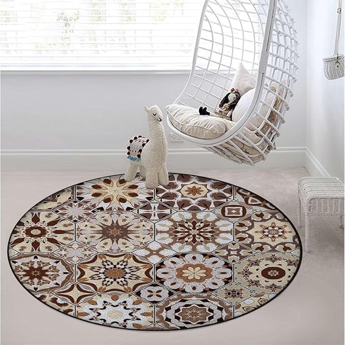 Beige Dark Brown Pale Brown Gaming Chair Mat Round Floor Mats for Office Chair Computer Gaming Desk Mat for Rolling Chair Non-Slip Gaming Rug Retro Old Fashioned Tile Diameter 39.4 in