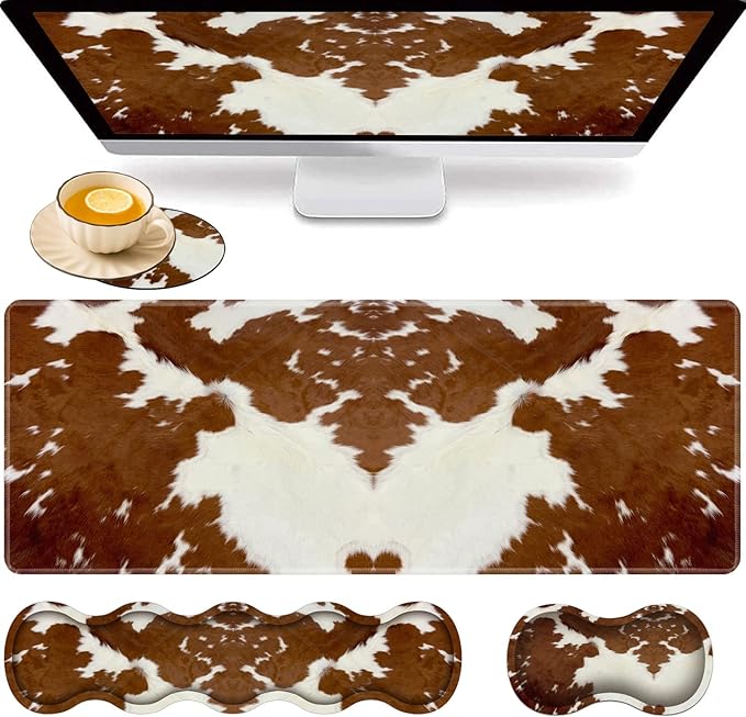 Gaming Mouse Pad Set Large Gaming Mouse Pad+Keyboard Wrist Rest+Mouse Wrist Rest+Coaster Easy Typing Pain Relief 31.5 × 11.8 inch Desk Mat for Home Office Brown Cow Print Pattern