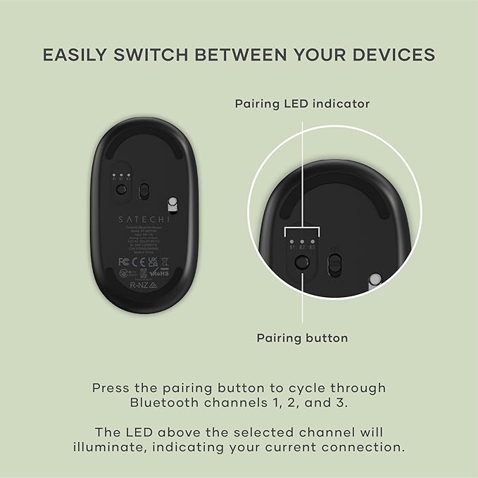 Satechi OntheGo Bluetooth Mouse with USB C Rechargeable Battery Connect up 3 Devices Compact and Portable Wireless Mouse for Laptop Computer Tablet – Black