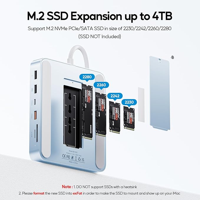 Upgraded 11 in 1 USB C Hub for iMac 24 inch USB Hub 2021 2023 2024 Support M.2 SSD (NOT Included) iMac Hub M1 M3 M4 Accessories 4K HDMI 2.5G Ethernet 5 USB A/C Max 10Gbps SD/TF - Blue