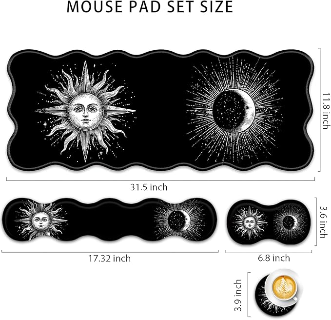 4 in 1 Desk Mat SetMouse Pad with Keyboard Wrist RestWave-Shaped DesignNon-Slip Rubber BaseWaterprooffor HomeOfficeGamingSun and Moon