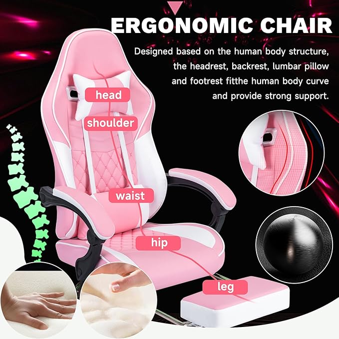 Gaming Chair with Footrest Ergonomic Computer Gaming Chair with Massage Lumbar Support and Pocket Spring Cushion Reclining Adult Gaming Chair for Home Office (Pink)