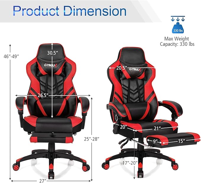 GYMAX Gaming Chair Ergonomic Computer Chair with Footrest Linkage Armrests &amp Lumbar Cushion Big Wide High Back Video Gaming Chair Reclining Office Rolling Chair for Adult/Teens (Red)