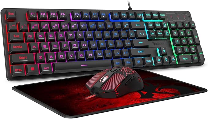 Redragon S107 Gaming Keyboard and Mouse RGB Gaming Keyboard and 3200 DPI Mouse Combo with Large Mouse Pad 25-Key Anti-Ghosting Mechanical Feeling Keyboard Plug &amp Play to PC Laptop