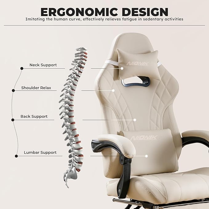 Gaming Chair with Footrest and Massage Lumbar Support Ergonomic Computer Gamer Chair Office Video Game Chairs with Adjustable Height and Backrest (Beige)