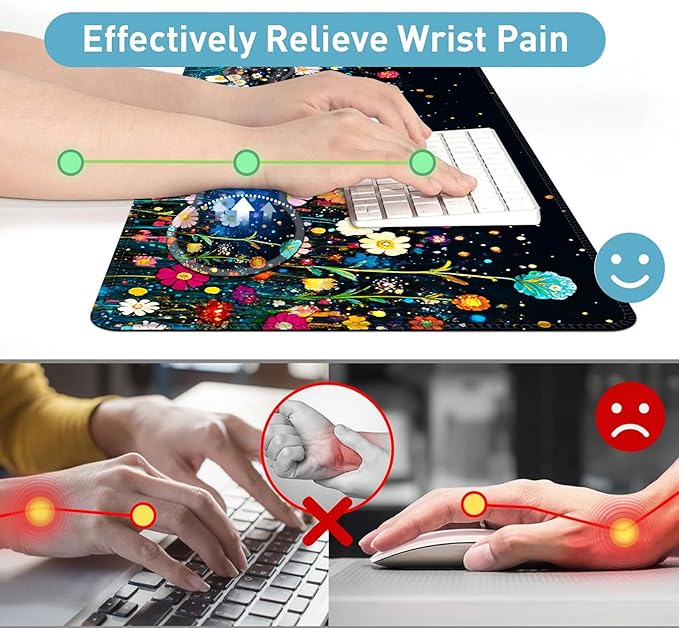 Large Mouse Pad and Keyboard Wrist Rest Desk Pad for Keyboard and Mouse 4-in-1 Large Gaming Mouse Pad with Wrist Support Desk Mat for Home Office Study GameColorful Flower Field