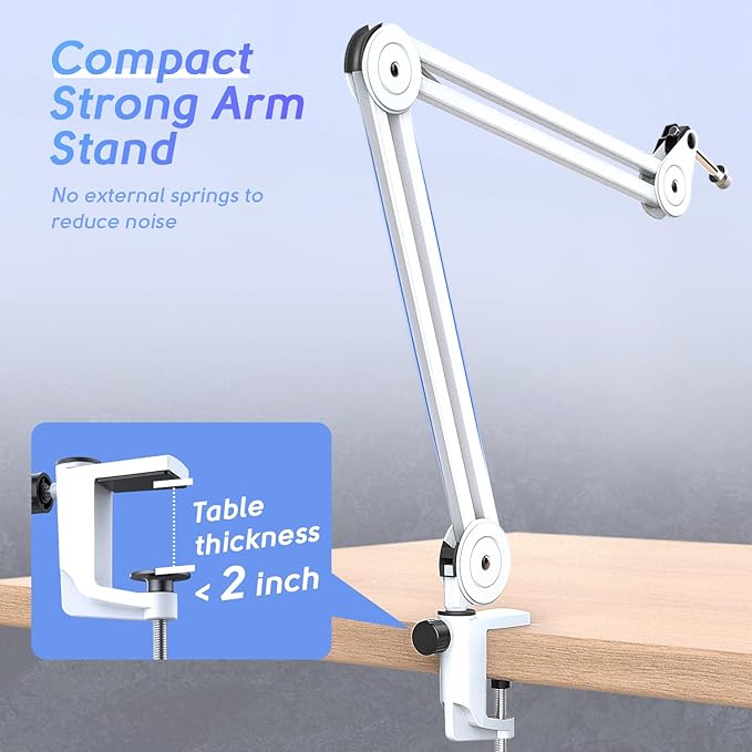 FIFINE Microphone Boom Arm Stand Metal Heavy Duty Mic Stand Scissor Suspension Adjustable Boom Arm for Podcast Recording Streaming Gaming with Desk Clamp 5/8 Screw Cable Ties-BM63 White
