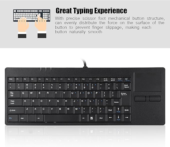 Wired USB Touchpad Keyboard 86 Key Ultra Thin Built-in Touchpad Hub Port Ergonomic Black for Desktop Laptop PC Tablet