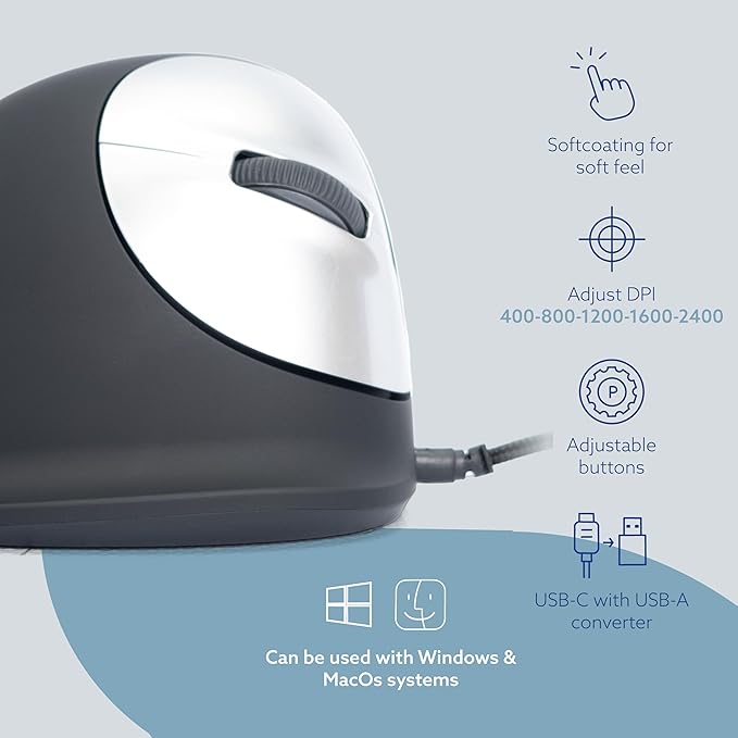 R-Go HE Ergonomic Mouse with Break Software USB-C Wired (with USB A Converter) Vertical Design Anti Carpal Tunnel Silent Click Customisable Buttons Compatible for Windows/Mac OS Black/Silver