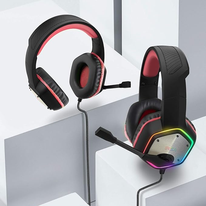 EKSA E1000 Gaming Headset Computer Headphones with Noise Canceling Mic &amp RGB Light 7.1 Surround Sound Compatible with PC PS4 PS5 Console Laptop (Red)