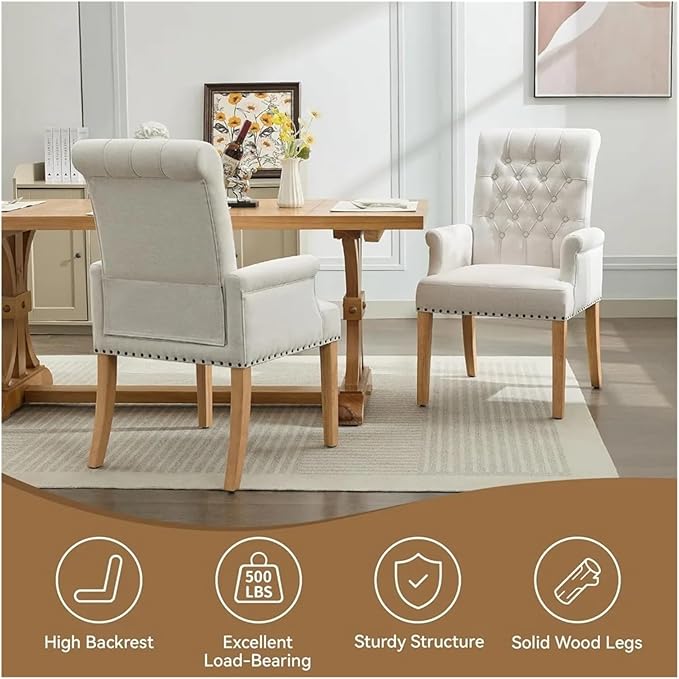 Adjustable Office Computer Chair with Armrest Solid Wood Leg Upholstered Tufted High Back Dining Room Decorate Fabric Chair with Arms(Beige)