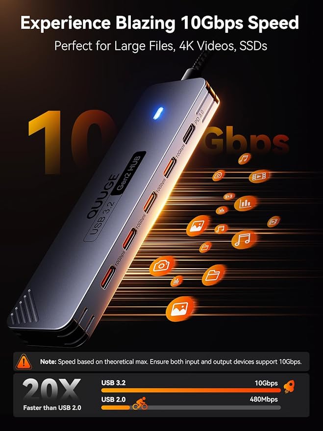 USB C Hub 10Gbps QUUGE 5-in-1 USB Splitter with 4 USB-C 3.2 and PD 100W Charging Fast Transfer Aluminum Multiport Type-C Adapter with 100cm Nylon Cable for MacBook Air/Pro iPad Surface Pro XPS