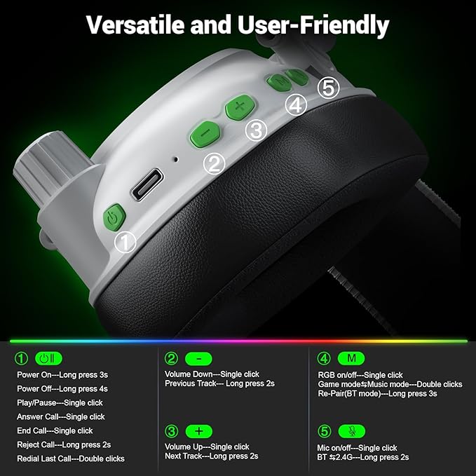 2.4 GHz Wireless Gaming Headset for PC PS5 PS4 Switch Mac Bluetooth 5.4 Gaming Headphones with Noise Canceling Microphone Cool RGB Lighting 50Hr Battery Foldable 50mm Drivers-White