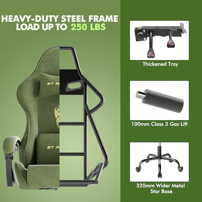 Huracan Velvet Fabric Racing Gaming Chair for Adults - Ergonomic Gamer Chair with Massage Lumbar Footrest &amp Spring Cushion | Home Office/Video Game Chair Green