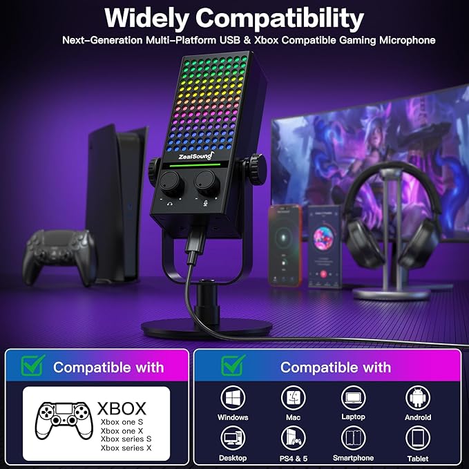 ZealSound Gaming Microphone for Xbox PC &amp Mac Noise Cancellation Streaming Mic with One Tap Mute RGB Lighting Monitoring Gain Control Condenser Mic for iPhone Computer Podcast Gamer YouT