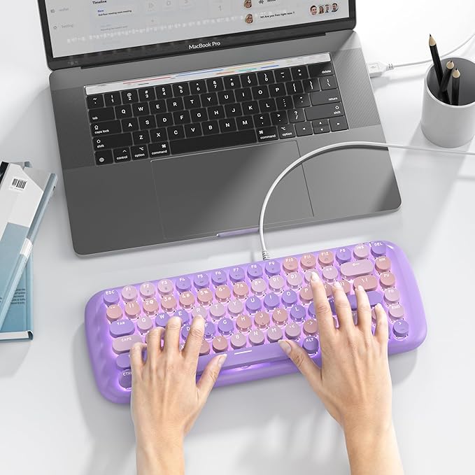 Purple Creamy Mechanical Gaming Keyboard Aesthetic Keyboard w/White Backlit 84 Keys Cute Retro Typewriter Computer Keyboard Wired w/Pink Switch Round Keycap for Windows/PC/PS5 (Purple)